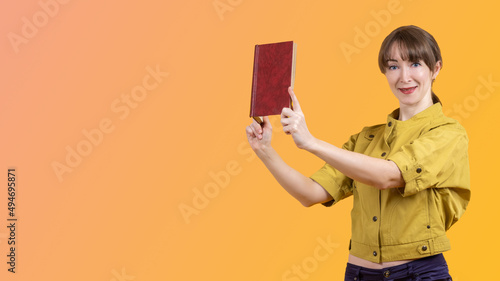 Woman with book. Adult girl...