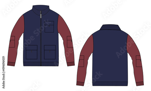 Two tone Navy red color Long sleeve With zipper, pocket and Stand Up Collar jacket sweatshirt technical fashion flat sketch vector illustration Mock up Template Isolated on white Backdrop.
