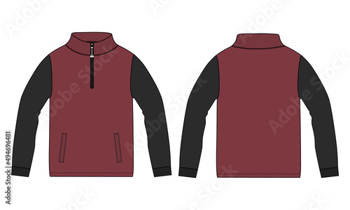 Two tone Red, Black color Long sleeve Short zipper and Stand Up Collar jacket sweatshirt overall technical fashion flat sketch vector illustration Black, navy color Mock up Template Isolated on white
