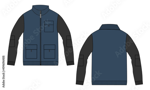 Two tone Navy blue, and black color Long sleeve With zipper, pocket and Stand Up Collar jacket sweatshirt technical fashion flat sketch vector illustration Mock up Template Isolated on white Backdrop.