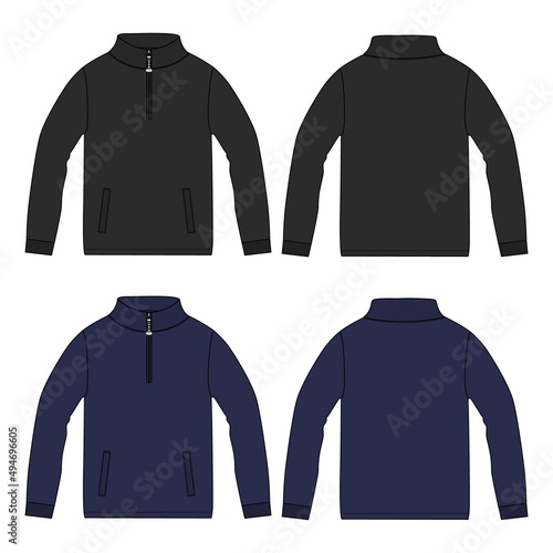 Long sleeve Short zipper and Stand Up Collar jacket sweatshirt overall technical fashion flat sketch vector illustration Black, navy color Mock up Template Isolated on white background.
