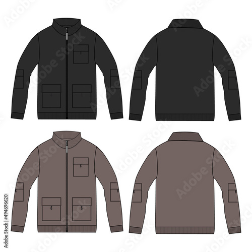 Long sleeve With zipper, pocket and Stand Up Collar jacket sweatshirt overall technical fashion flat sketch vector illustration Black, Khaki color Mock up Template Isolated on white background.