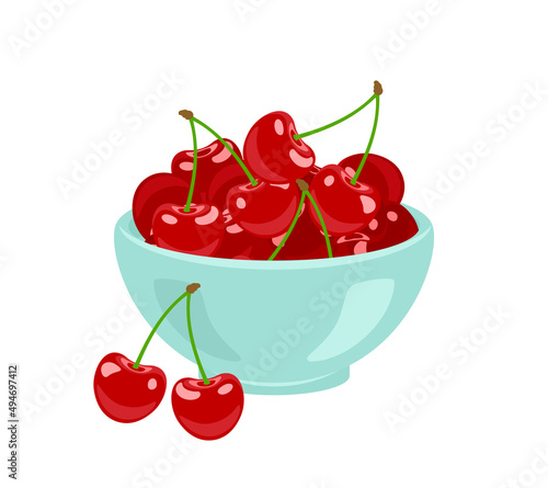 Cherry in blue bowl isolated on white. Vector flat icon of fresh red berry.
