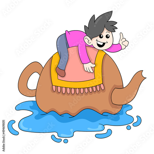 boy is riding a big magic teapot, doodle icon image kawaii
