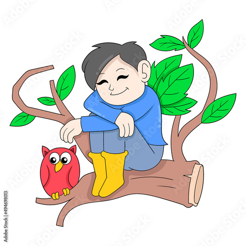 boy is sitting happy face on a tree trunk, doodle icon image kawaii