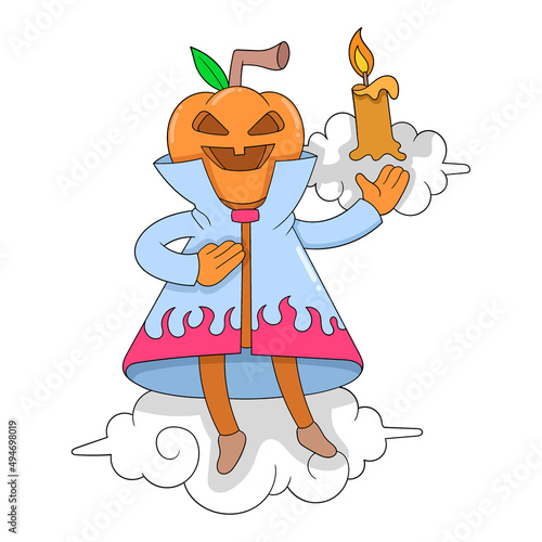 monster pumpkin carrying candles for halloween, doodle icon image kawaii