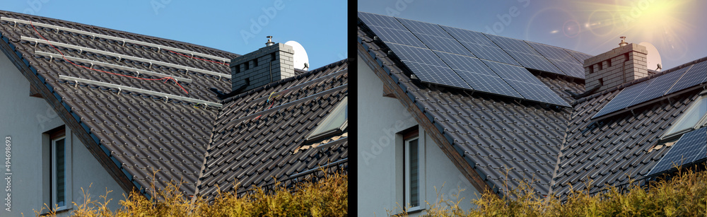 Demonstration of the installation of solar panels on the roof of a house. Before and after. - obrazy, fototapety, plakaty 