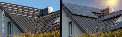 Εκτύπωση καμβά Demonstration of the installation of solar panels on the roof of a house
