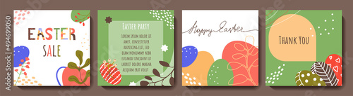 Happy Easter greeting card set. Cute spring backgrounds with eggs, flowers, organic dots and shapes. Color flat vector templates for social media post, online internet ad, cover, invitation, postcard