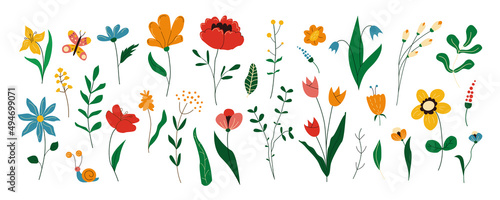 Collection of blooming flowers with leaves, twigs and berries. Spring fresh tulip, daffodil, lily of the valley, daisy flowers. Floral decoration for Easter, wedding, invitation. Vector illustration