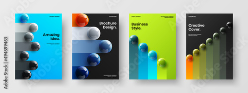 Colorful realistic spheres company brochure illustration bundle. Fresh front page A4 design vector layout set.