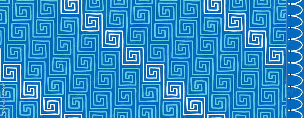 Greek key seamless pattern and scallop border set in aqua blue and ...