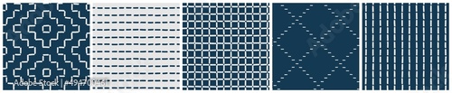 Japanese sashiko embroidery seamless pattern set. Navy and off-white vector repeat designs for textile, wrapping or poster background. Traditional geometric stitching ornaments.