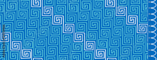Greek key seamless pattern and scallop border set in aqua blue and white traditional mediterranean colors for fashion fabric or keepsake product wrapping. Colorful background for sea holiday poster.