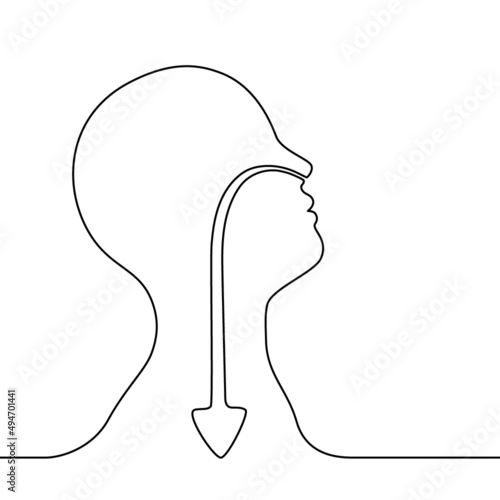 Breathing exercise, deep breath inhale through nose, art one line continuous. Healthy yoga and relaxation. Vector outline illustration