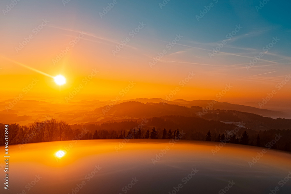 Obraz premium Beautiful winter sunset at Kostenz, Bavarian forest, Bavaria, Germany