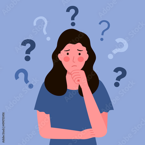 Pensive woman with question mark in flat design. Thoughtful girl being confused.