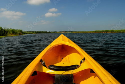 Yellow canoe on the lake, Poland