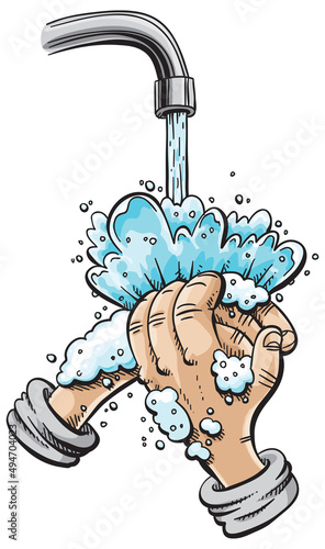 Cartoon of two hands washing in soap suds under a running tap of water.