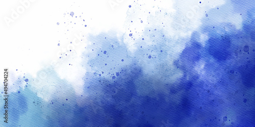 Exploding blue watercolor abstract background on white background. Hand drawn art on paper. Freeze motion of blue powder exploding, isolated on white background. Abstract design of blue dust cloud.