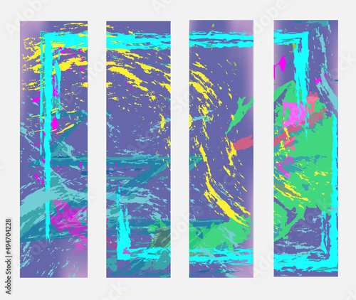  Set of vector bookmarks. Abstract shapes, lines, spots on background in trendy color 2022 "Very Peri" . Colorful grange texture. Can be used background, banner, cover, posters.