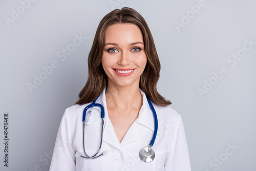 Portrait of qualified virologist lady smiling hear patient internet symptoms diagnostics isolated grey color background
