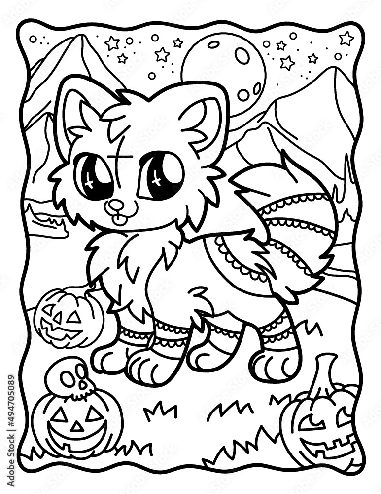 Cute kawaii fox. Magic animals.Coloring for children. Chibi. Gothic