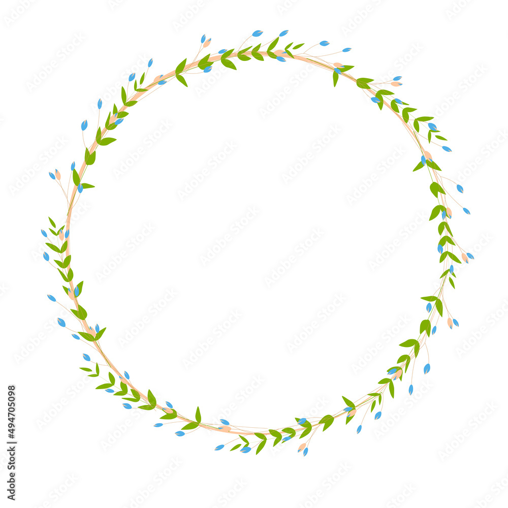 Spring frame made of small blue wildflowers. Easter circle template. Gently green shoots of leaves. Vector stock illustration of a summer wreath. Isolated on a white background. Spring frame made of small blue wildflowers. Easter circle template. Gently green shoots of leaves. Vector stock illustration of a summer wreath. Isolated on a white background.