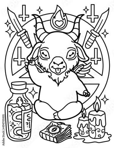 Halloween coloring page. Coloring book for children and adults. Goat magician with candles and a book. Otherworldly phenomenon. Pentagram.