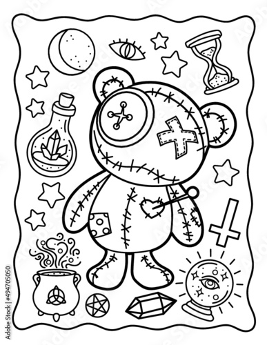 Coloring. Coloring book for children. Bear. Voodoo toy. Halloween. Coloring book for adults. Black and white illustration.