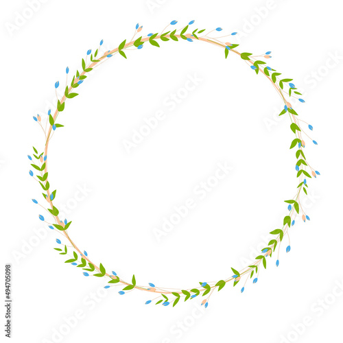 Spring frame made of small blue wildflowers. Easter circle template. Gently green shoots of leaves. Vector stock illustration of a summer wreath. Isolated on a white background.