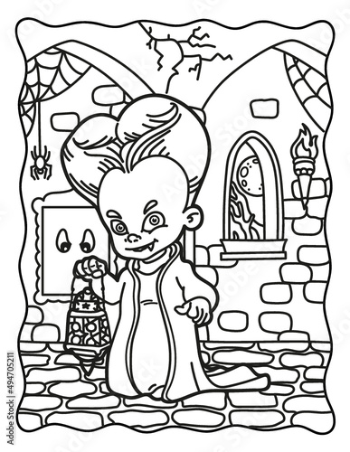 Coloring book for children. Count Dracula in the castle. Coloring book for adults. Halloween. Coloring book for Halloween. Cute horror movies.