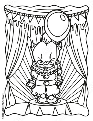 Clown with a balloon in the circus. Coloring book for children. Coloring book for adults. Halloween. Coloring book for Halloween. Cute horror movies.