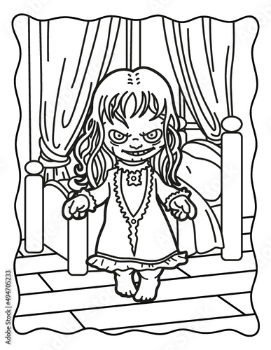 Coloring book for children. Creepy girl in the bedroom. Coloring book for adults. Halloween. Coloring book for Halloween. Cute horror movies.