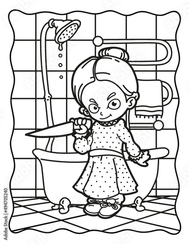 Coloring book for children. Creepy girl with a knife in the bathroom. Coloring book for adults. Halloween. Coloring book for Halloween. Cute horror movies.