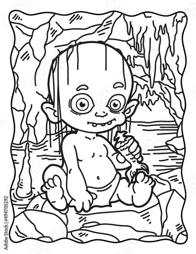 Baby Golum. Golum. Coloring book for Halloween. Coloring book for children and adults. Spooky coloring. Halloween.