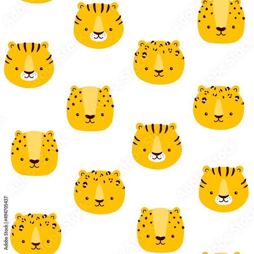Vector seamless pattern with muzzles of a leopard, cheetah and tiger on a white background