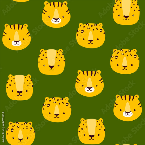 Vector seamless pattern with muzzles of a leopard, cheetah and tiger on a green background
