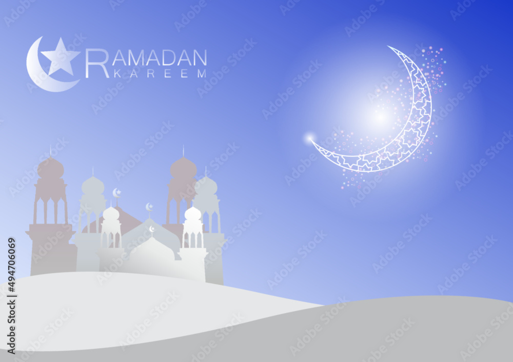 Ramadan Kareem mosque under the crescent moon background design.
