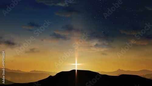 Bright cross on the hill with clouds moving on the starry sky. Easter, resurrection, new life, redemption concept. Seamless looping background 4k