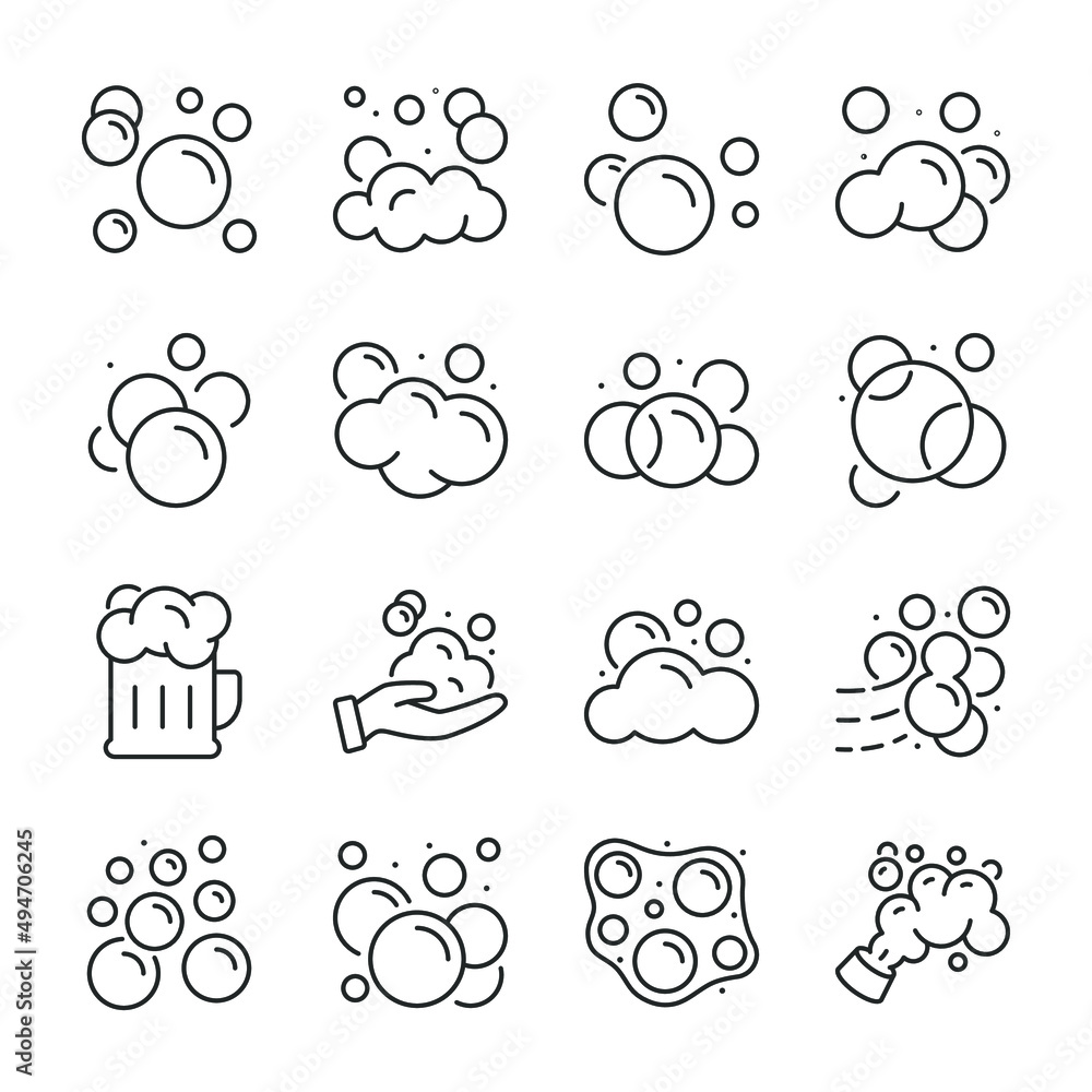 Foam icons set. Soap bubbles, icon collection. Line with editable stroke Foam icons set. Soap bubbles, icon collection. Line with editable stroke