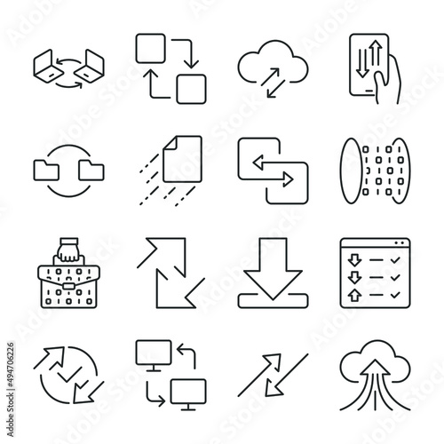 Data transfer icons set. File exchange, icon collection. Line with editable stroke