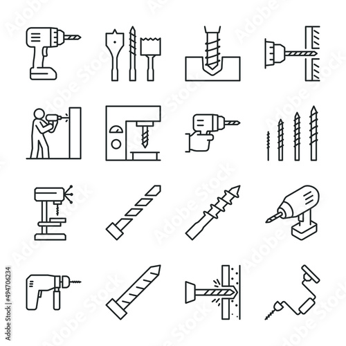 Drill icons set. Drills and drill bits, perforator, icon collection. Application of the tool. Drilling walls and objects. Line with editable stroke photo
