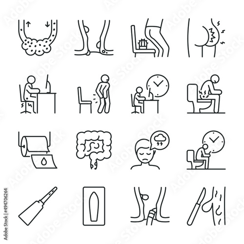 Hemorrhoids icons set. Piles, icon collection. Inflammation of vascular formations and pain in the anus. Line with editable stroke