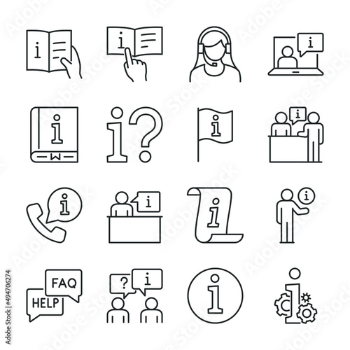 Info and help desk icons set. Information to help the user on any issues. interaction with the client, icon collection. Support and consulting,
feedback. Line with editable stroke