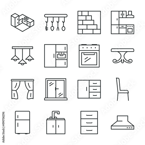 Kitchen interior icons set. Dining area, furniture, appliances, icon collection. Line with editable stroke