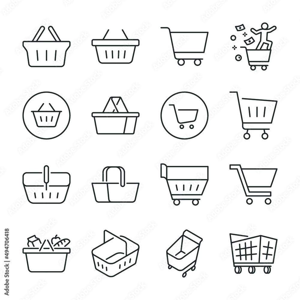 Shopping basket and shopping cart icons set. Shopping, icon collection. Line with editable stroke