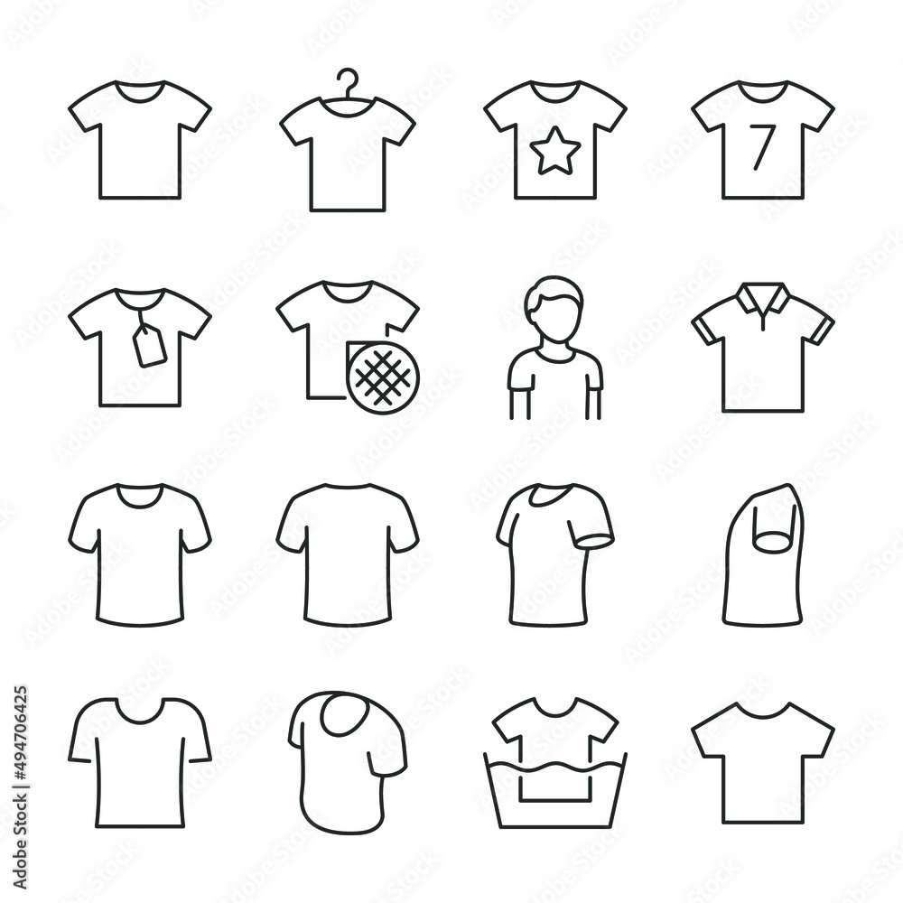 T-shirt icons set. T-shirts various shapes, icon collection. Line with editable stroke T-shirt icons set. T-shirts various shapes, icon collection. Line with editable stroke