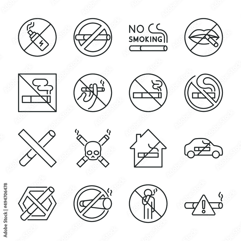 No smoking icons set. Not smoke. Cigarette with smoke and a prohibition sign, icon collection. Line with editable stroke No smoking icons set. Not smoke. Cigarette with smoke and a prohibition sign, icon collection. Line with editable stroke