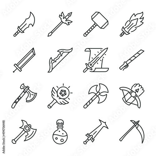 Ancient weapons icons set. Sword, hammer, axe, crossbow, magical artifacts, bow, icon collection.  Line with editable stroke